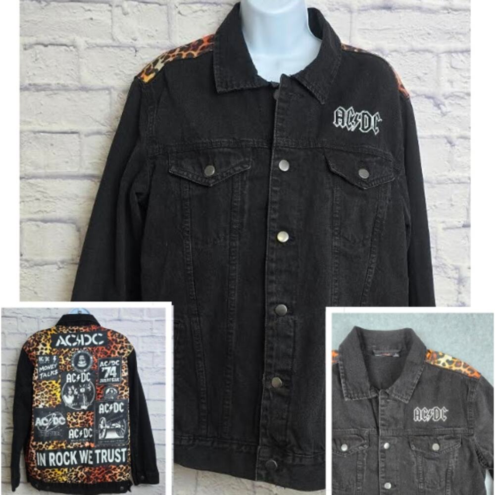 AC/DC Large Black Denim "In Rock We Trust" Jacket Leopard Print Accents